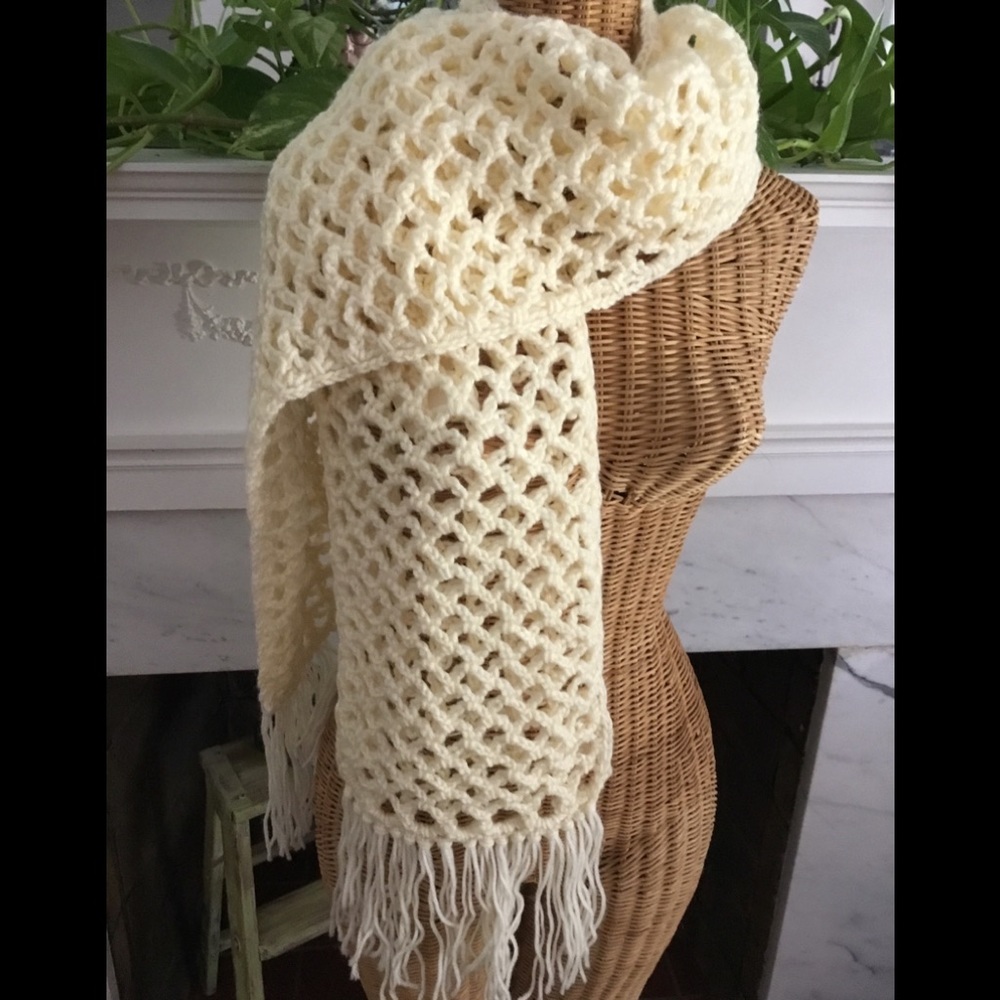 Vintage New Crocheted Fringed Scarf
